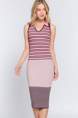 Sleeveless V-Neck Multi Stripe Midi Sweater Dress