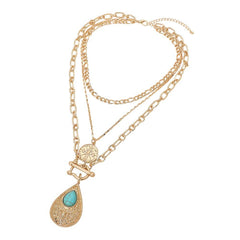 Layered Chain Teardrop Pendant Necklace – Mixed Chain Statement Necklace