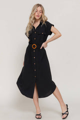 Short Sleeve Belted Shirt Dress – Air Wash Button Down Midi Dress