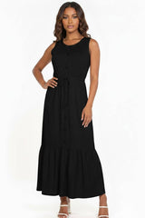 Button Front Tie Waist Sleeveless Maxi Dress