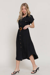 Short Sleeve Belted Shirt Dress – Air Wash Button Down Midi Dress