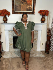 Puff Sleeve Animal Trim Mini Dress