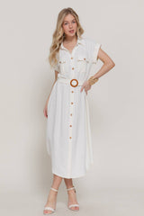 Short Sleeve Belted Shirt Dress – Air Wash Button Down Midi Dress