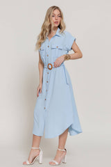 Short Sleeve Belted Shirt Dress – Air Wash Button Down Midi Dress