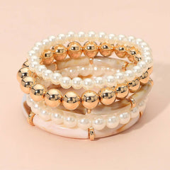 Resin Bar Pearl Metal Ball Beaded Stretch Multi Layered Bracelets
