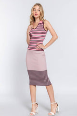Sleeveless V-Neck Multi Stripe Midi Sweater Dress