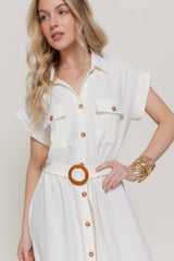 Short Sleeve Belted Shirt Dress – Air Wash Button Down Midi Dress
