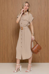 Short Sleeve Belted Shirt Dress – Air Wash Button Down Midi Dress