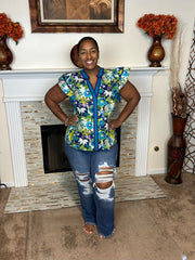 Multi-Floral Ruffle Sleeve V-Neck Top
