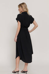 Short Sleeve Belted Shirt Dress – Air Wash Button Down Midi Dress