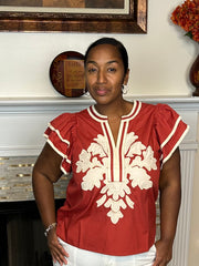 Embroidered Appliqué Flutter Sleeve Top