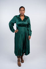Surplice Long Sleeve Satin Pleated Midi Dress - Dynasty
