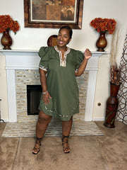 Puff Sleeve Animal Trim Mini Dress