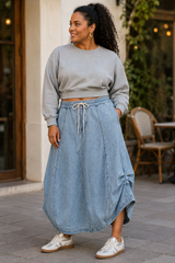 Washed Denim Ruched Parachute Midi Skirt