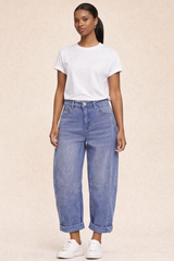 Barrel-Leg Cropped Color Denim Pants