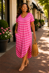 Striped Curved Hem Midi Dress with Pockets