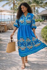 Medallion Border Print Emqpire Midi Dress (qC5837)