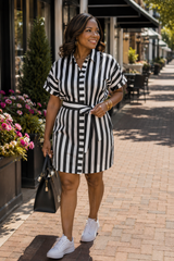 Collar Neck Button-Up Shirts Waist Tie Mini Dress