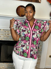 Multi-Floral Ruffle Sleeve V-Neck Top