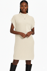 Mock Neck Short Sleeve Sweater Dress with Pocket