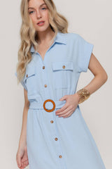 Short Sleeve Belted Shirt Dress – Air Wash Button Down Midi Dress