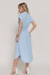 Short Sleeve Belted Shirt Dress – Air Wash Button Down Midi Dress