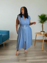 Denim V Neck Midi Zip Dress