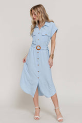 Short Sleeve Belted Shirt Dress – Air Wash Button Down Midi Dress
