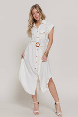 Short Sleeve Belted Shirt Dress – Air Wash Button Down Midi Dress