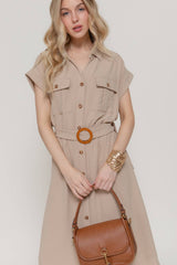 Short Sleeve Belted Shirt Dress – Air Wash Button Down Midi Dress