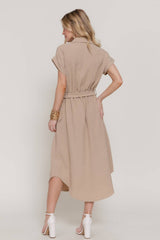 Short Sleeve Belted Shirt Dress – Air Wash Button Down Midi Dress