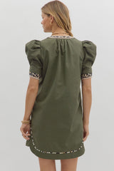 Puff Sleeve Animal Trim Mini Dress