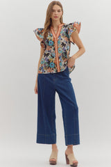 Multi-Floral Ruffle Sleeve V-Neck Top