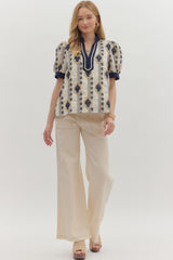 Abstract Embroidered Puff Sleeve Top