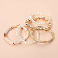 Resin Bar Pearl Metal Ball Beaded Stretch Multi Layered Bracelets