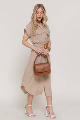 Short Sleeve Belted Shirt Dress – Air Wash Button Down Midi Dress