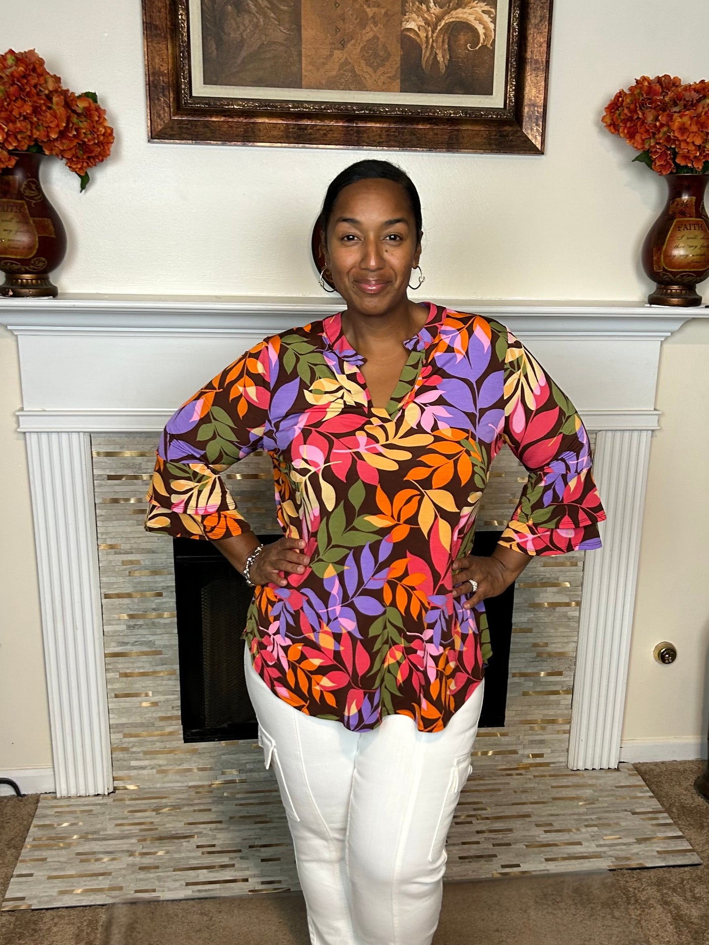 Lizzy Bell Sleeve Tunic Top – Fall Leaf Print
