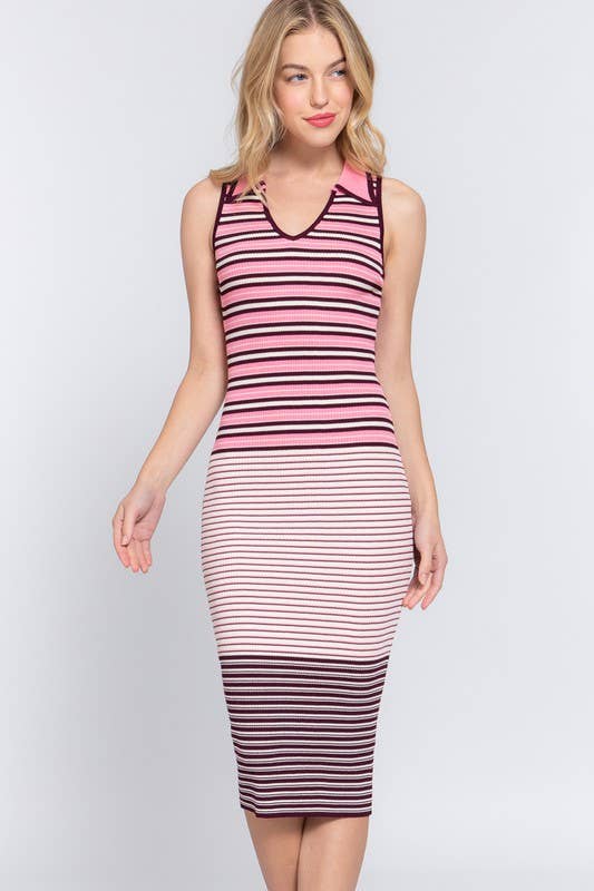 Sleeveless V-Neck Multi Stripe Midi Sweater Dress