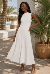 Sleeveless High Neck Crinkle Knit Fully Long Dress
