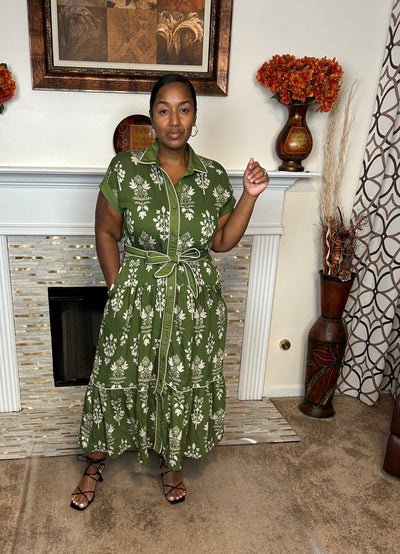 Botanical Stripe-Trim Midi Dress