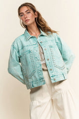 STUD DETAIL BIG CHEST POCKET DENIM WASHED JACKET