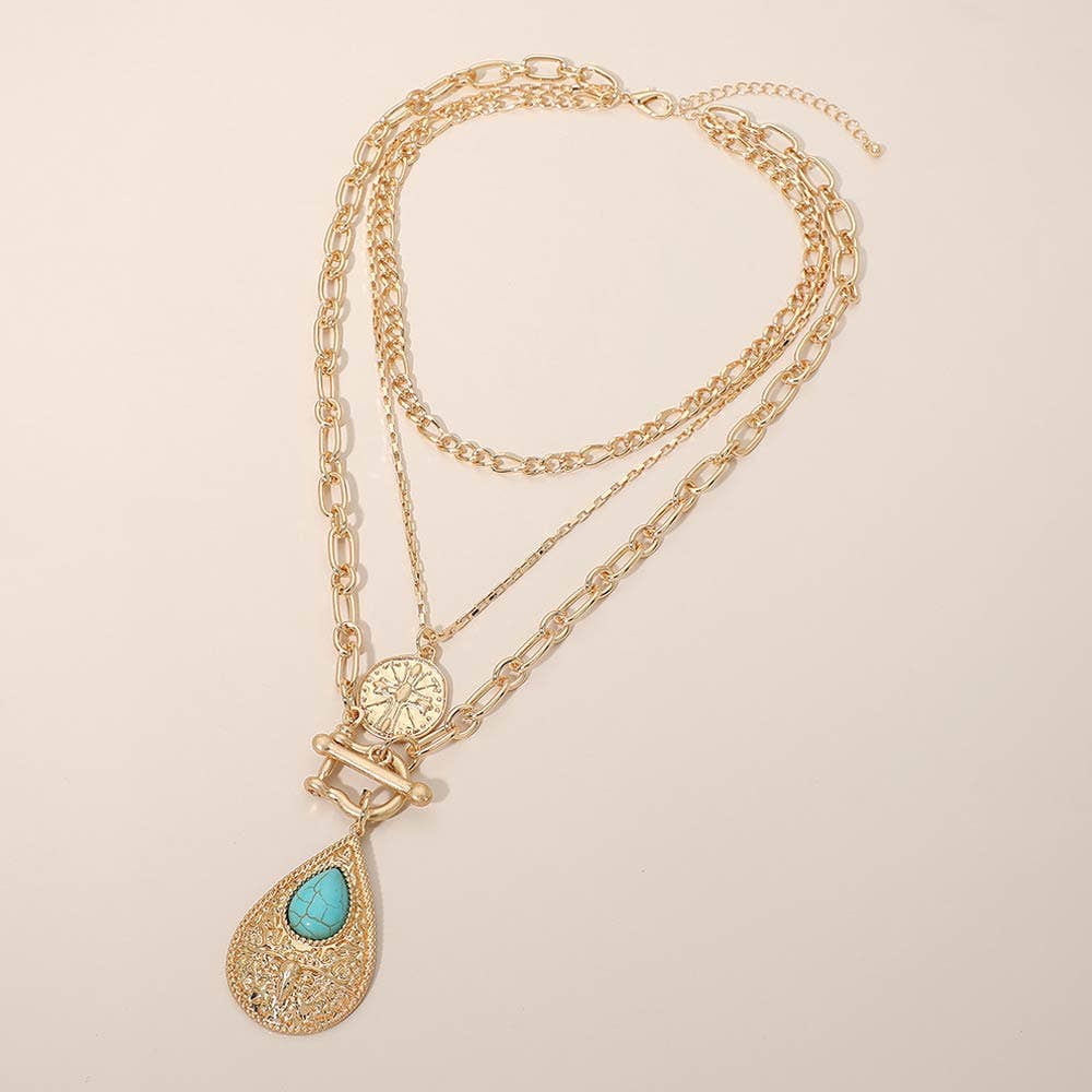 Layered Chain Teardrop Pendant Necklace – Mixed Chain Statement Necklace