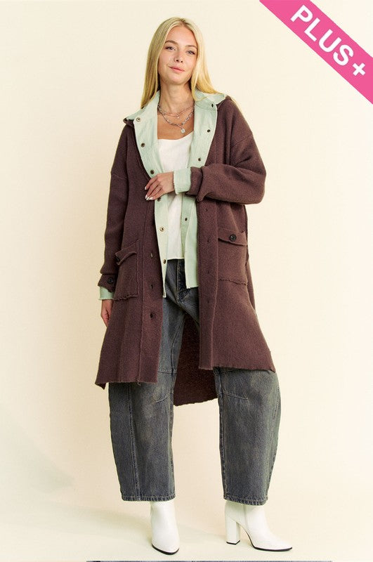 Button Down Long Cardigan With A Hood