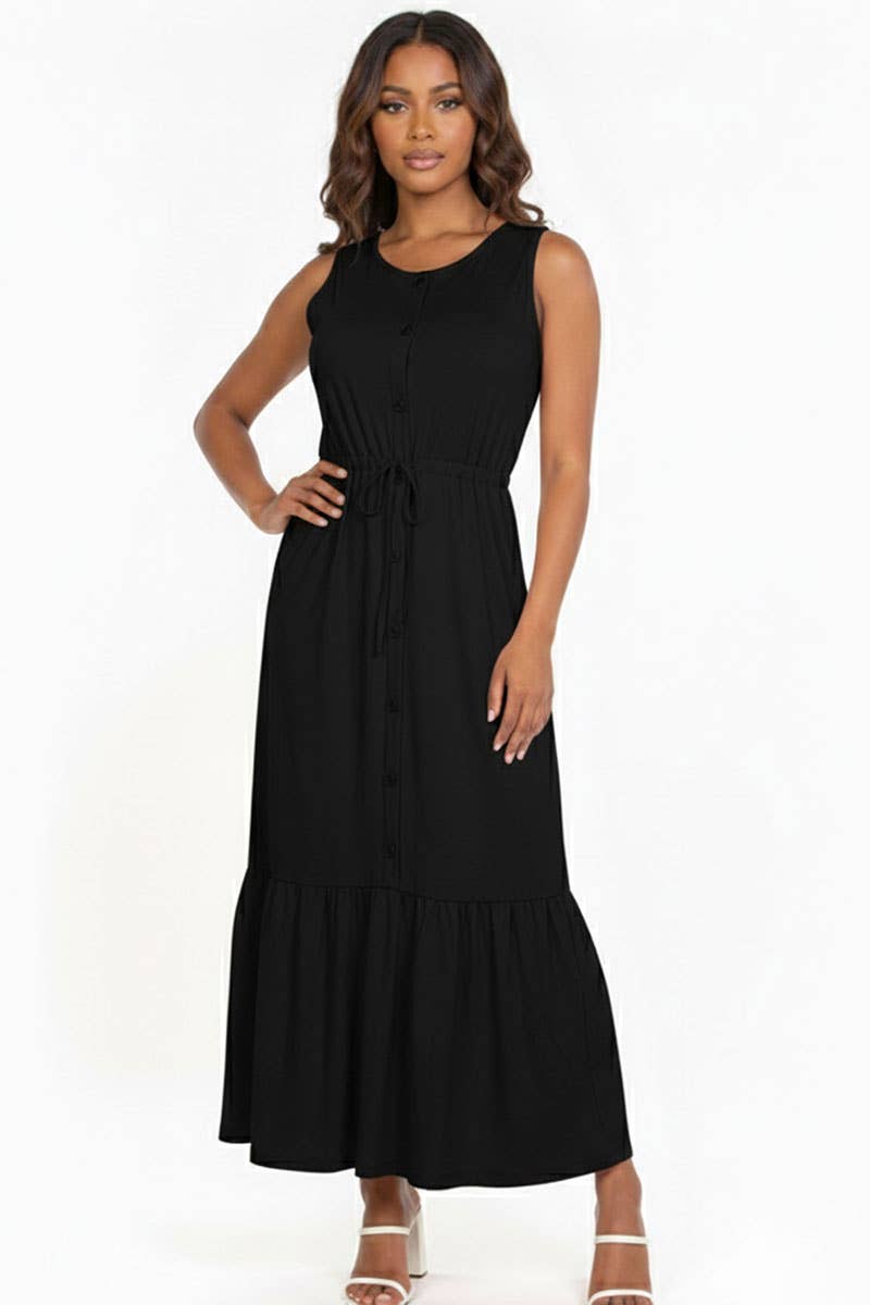 Button Front Tie Waist Sleeveless Maxi Dress