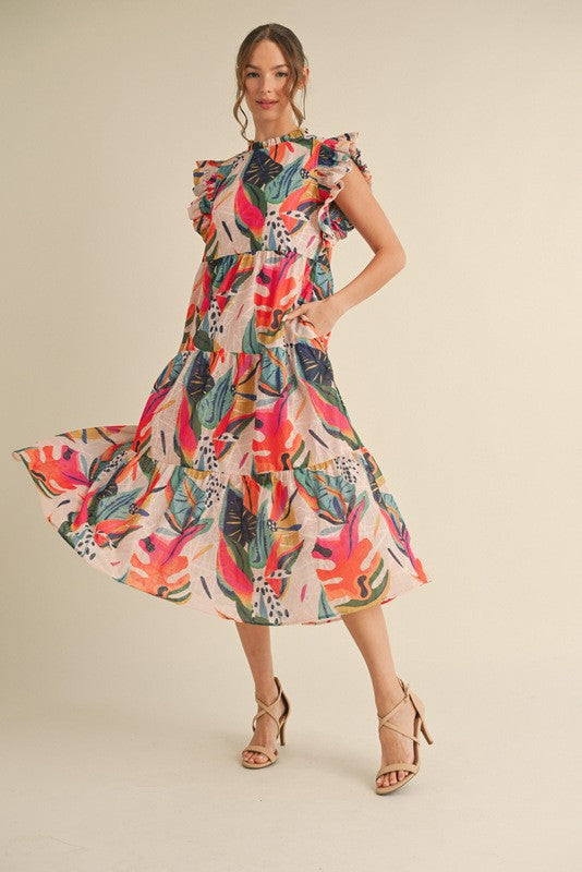 Tropical Vibes Ruffle Sleeve Midi Dress