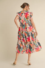 Tropical Vibes Ruffle Sleeve Midi Dress