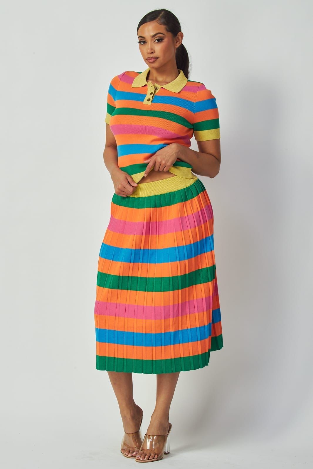 Multicolor Striped Polo &amp; Pleated Midi Skirt Set