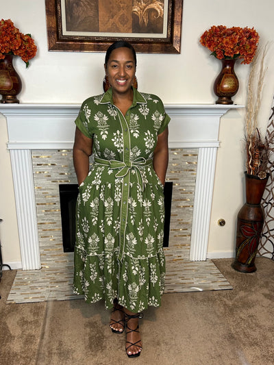 Botanical Stripe-Trim Midi Dress