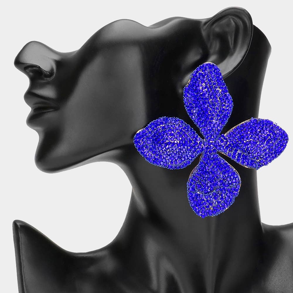 Oversized Bling Studded Flower Earrings Blue