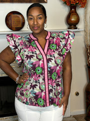Multi-Floral Ruffle Sleeve V-Neck Top